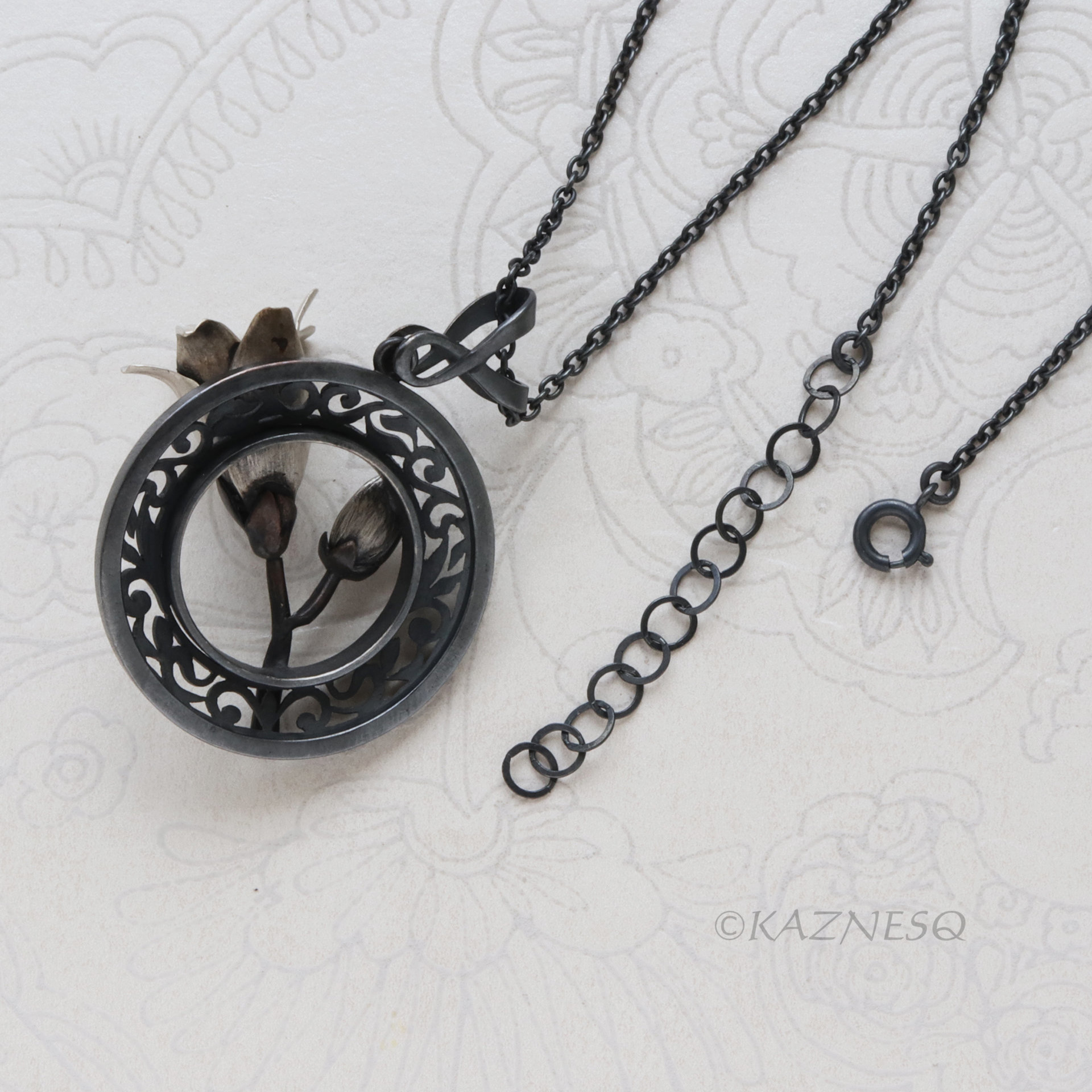 Magnolia Pendant Necklace in Oxidized Silver – Hand-Pierced Scrollwork with Fine Silver Blossom