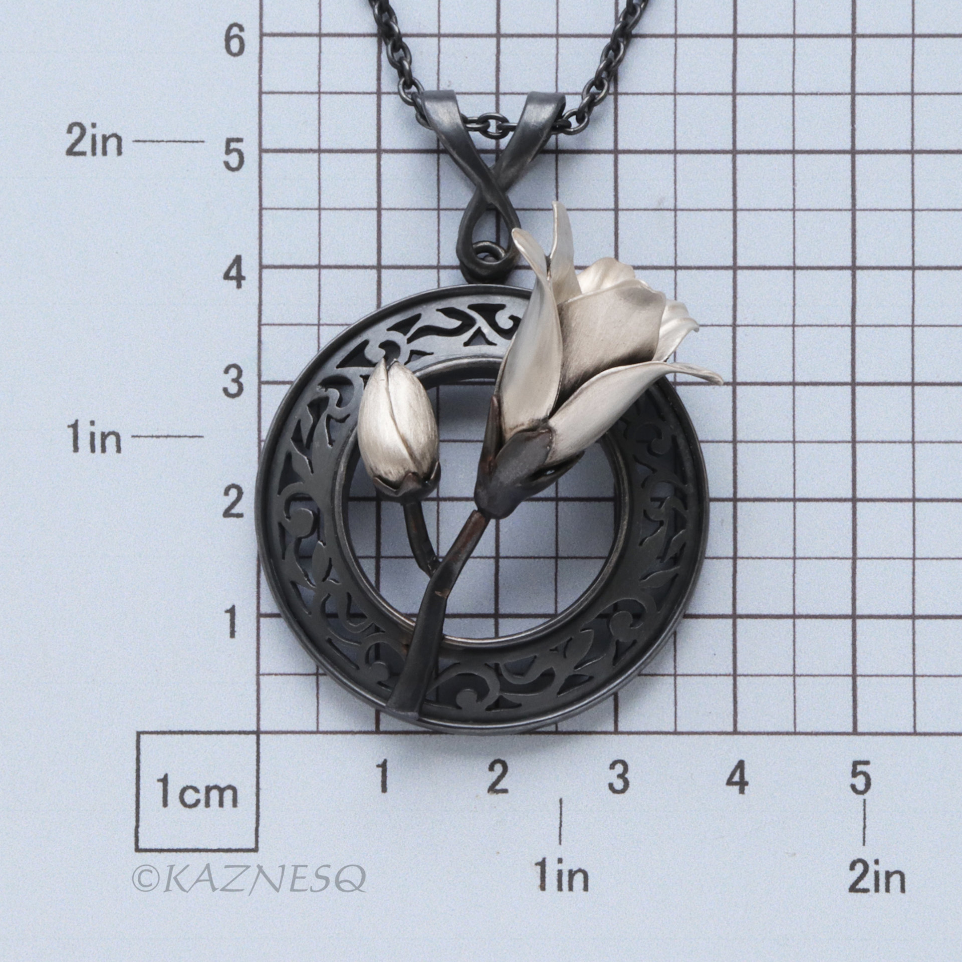 Magnolia Pendant Necklace in Oxidized Silver – Hand-Pierced Scrollwork with Fine Silver Blossom