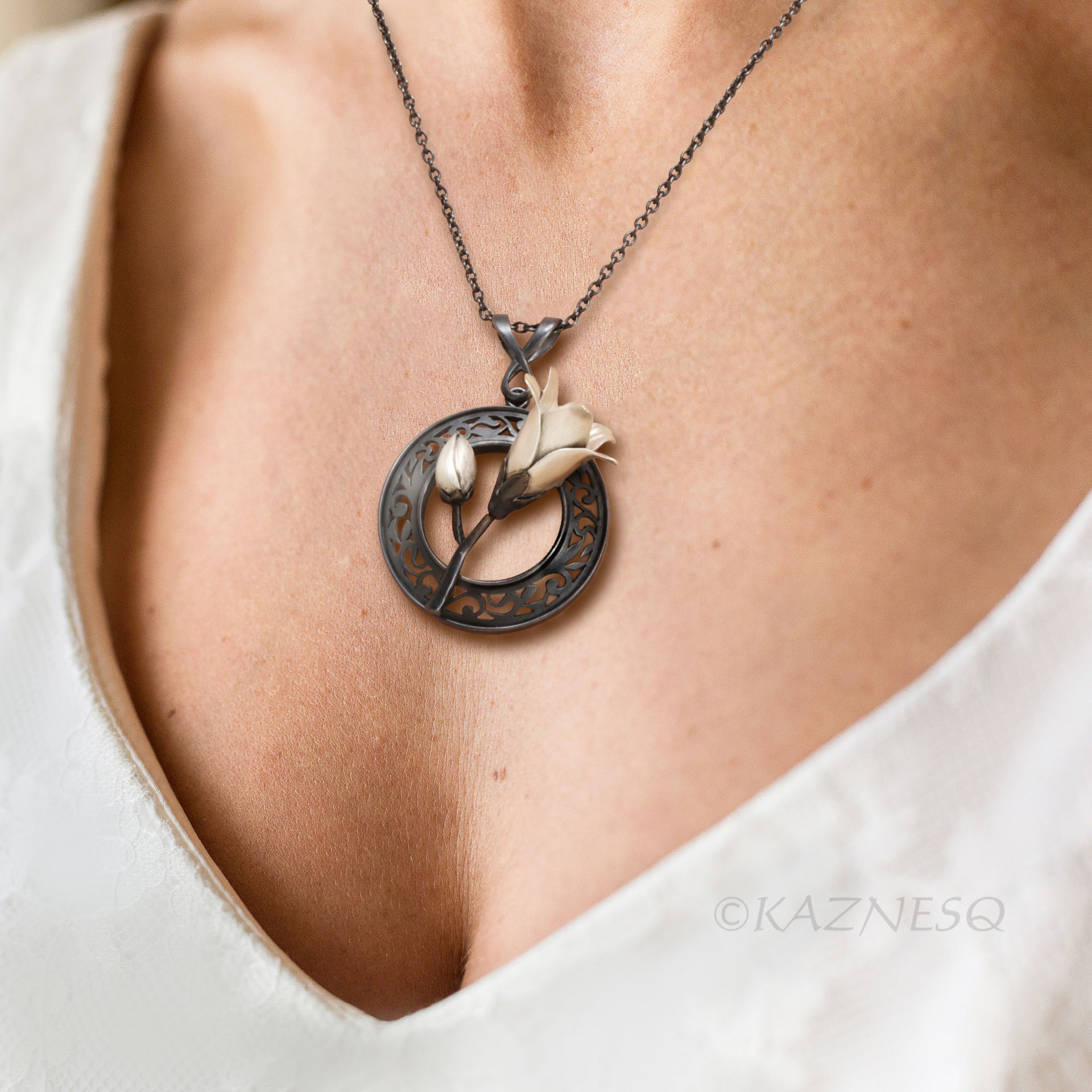 Magnolia Pendant Necklace in Oxidized Silver – Hand-Pierced Scrollwork with Fine Silver Blossom