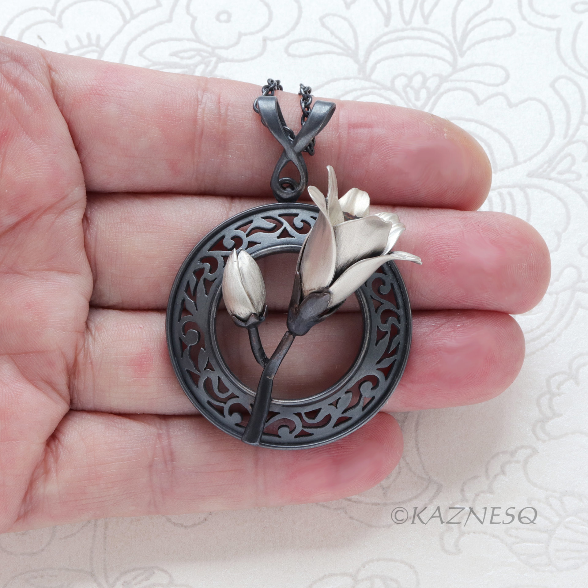 Magnolia Pendant Necklace in Oxidized Silver – Hand-Pierced Scrollwork with Fine Silver Blossom