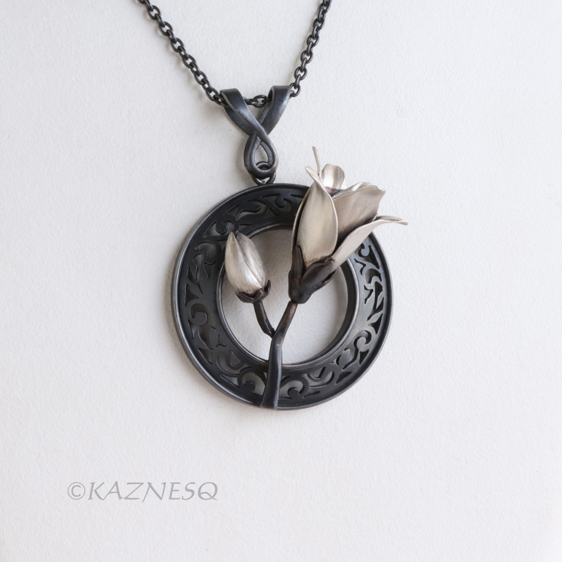 Magnolia Pendant Necklace in Oxidized Silver – Hand-Pierced Scrollwork with Fine Silver Blossom