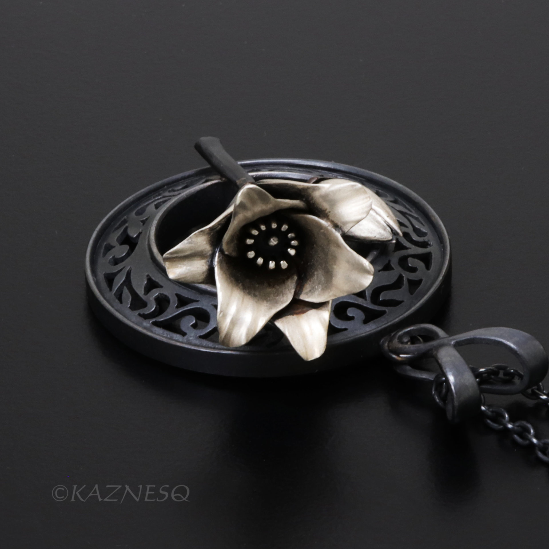 Magnolia Pendant Necklace in Oxidized Silver – Hand-Pierced Scrollwork with Fine Silver Blossom