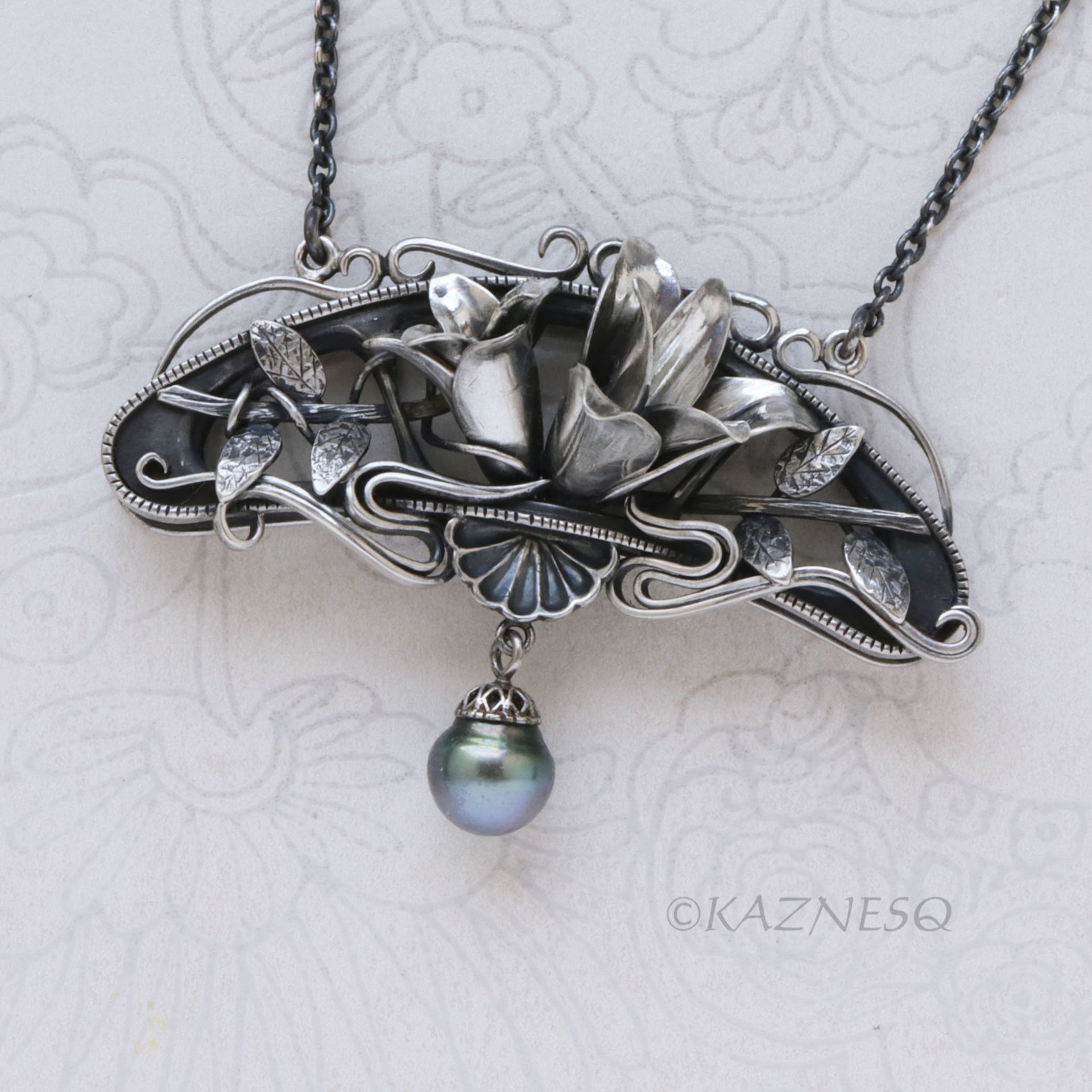 Oxidized Sterling Silver Magnolia Necklace with Black Pearl, Art Nouveau Statement Pendant