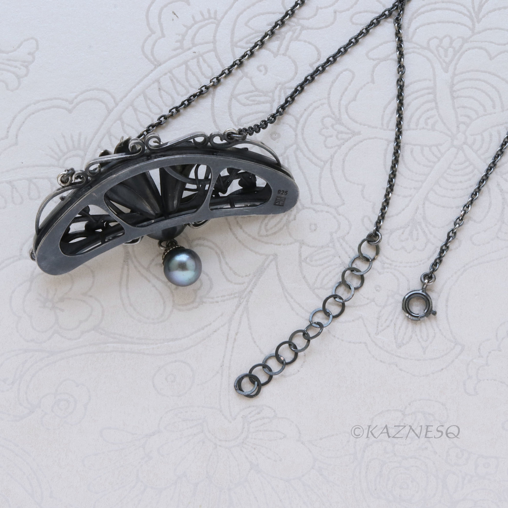 Oxidized Sterling Silver Magnolia Necklace with Black Pearl, Art Nouveau Statement Pendant