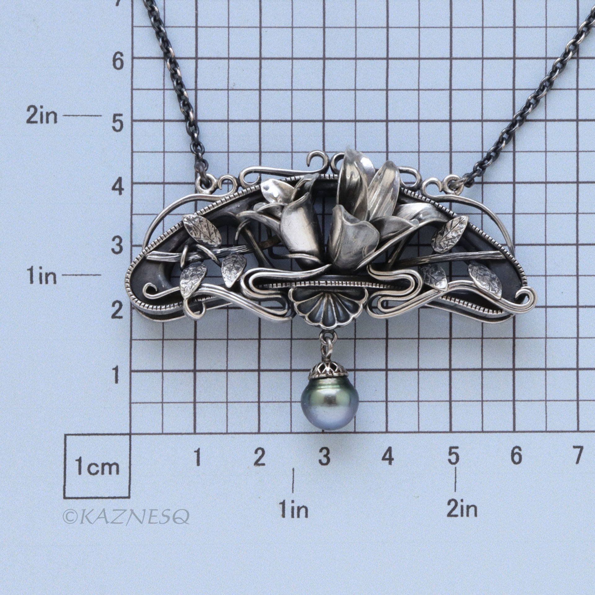 Oxidized Sterling Silver Magnolia Necklace with Black Pearl, Art Nouveau Statement Pendant