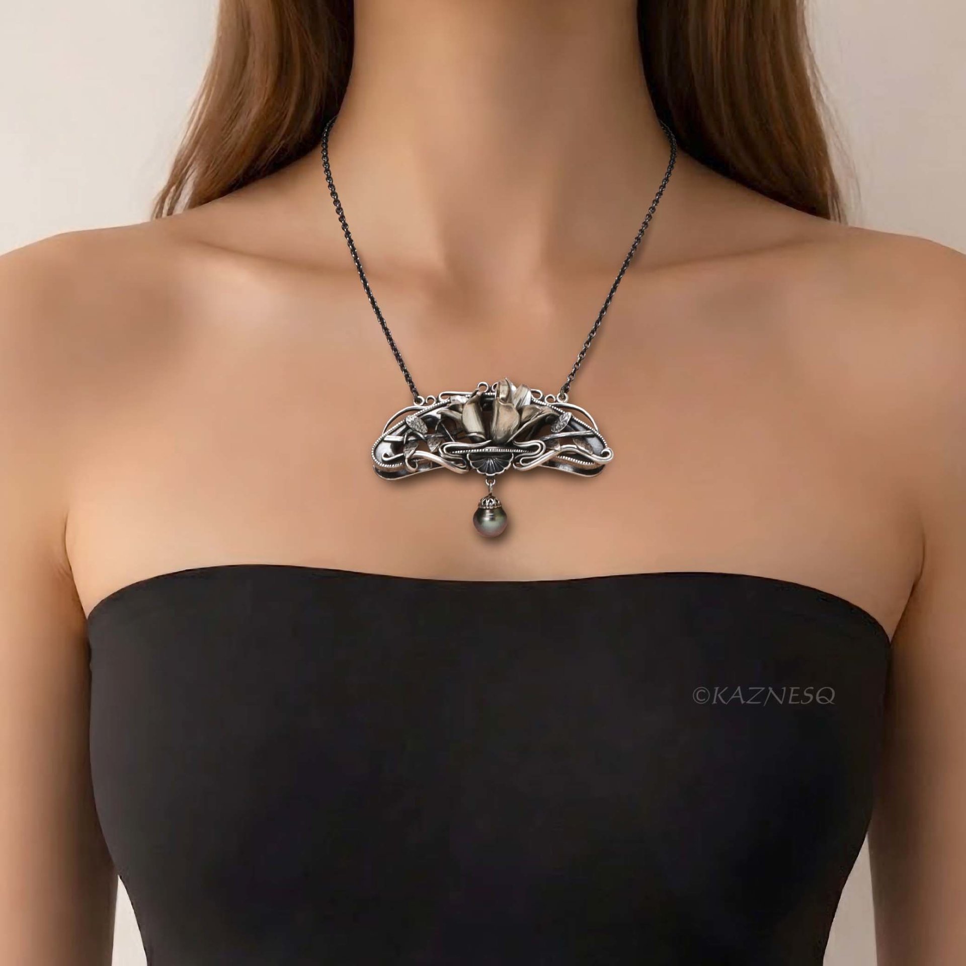 Oxidized Sterling Silver Magnolia Necklace with Black Pearl, Art Nouveau Statement Pendant