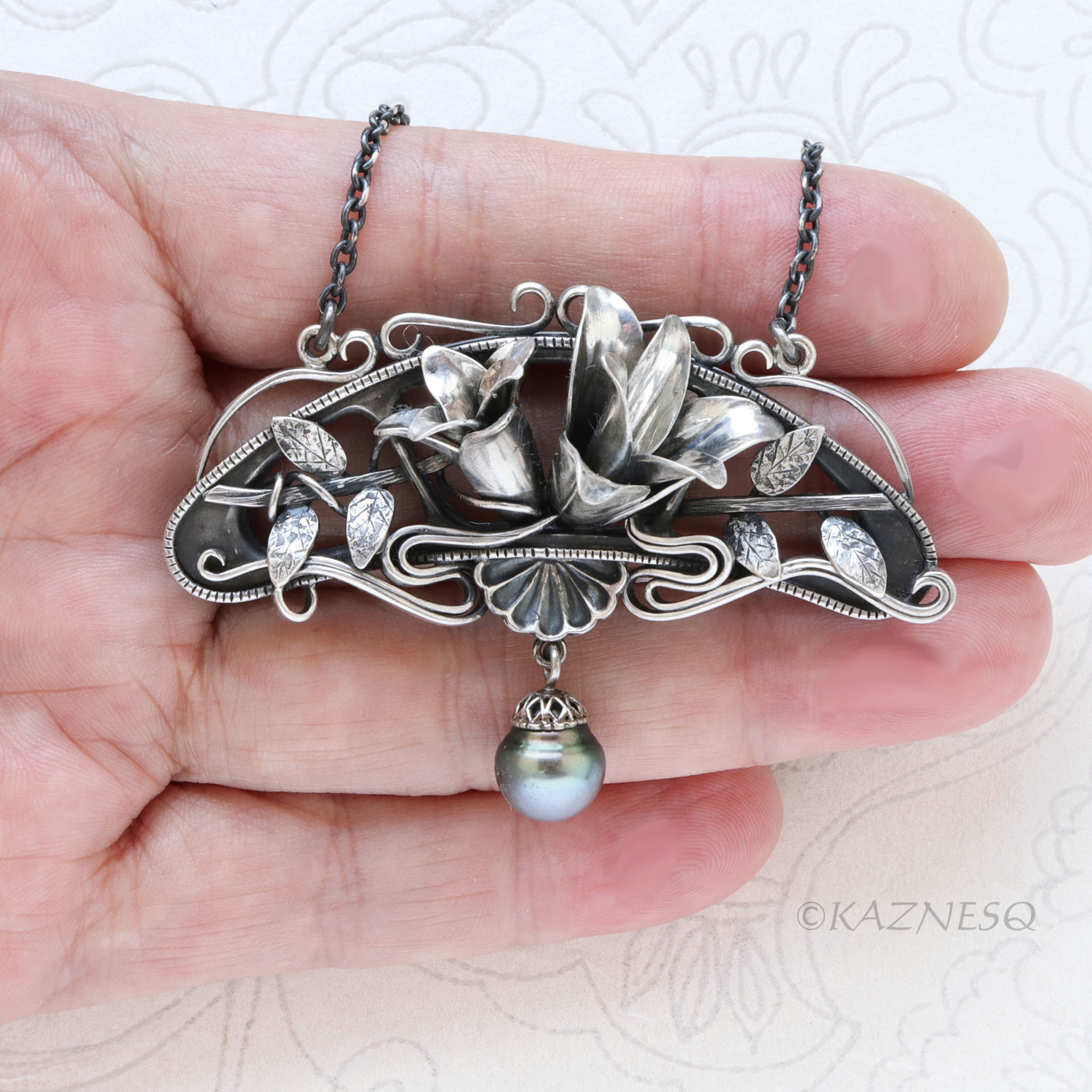Oxidized Sterling Silver Magnolia Necklace with Black Pearl, Art Nouveau Statement Pendant