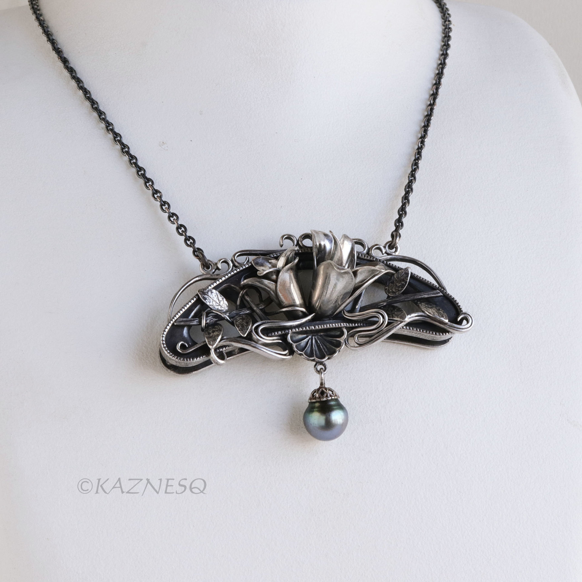 Oxidized Sterling Silver Magnolia Necklace with Black Pearl, Art Nouveau Statement Pendant