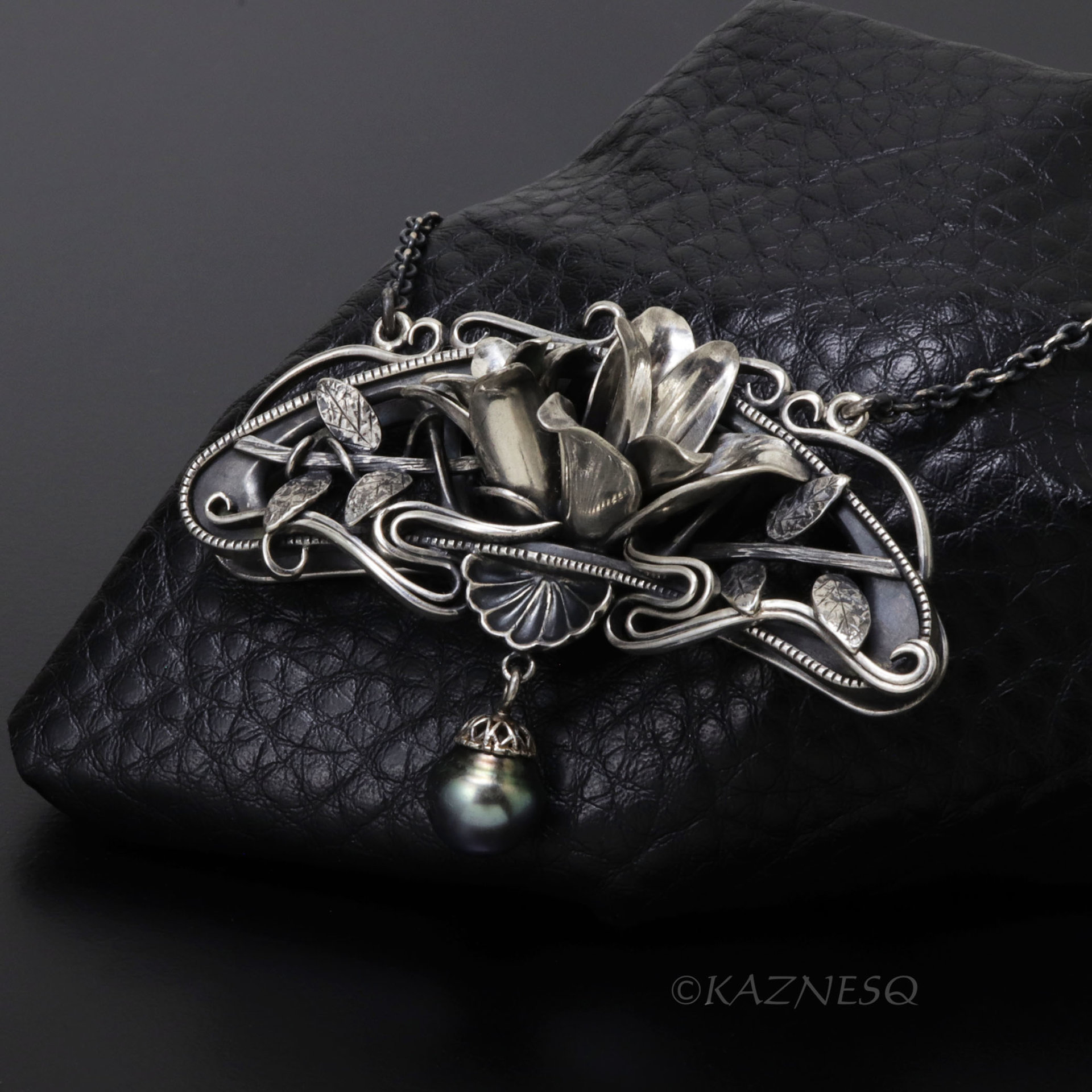 Oxidized Sterling Silver Magnolia Necklace with Black Pearl, Art Nouveau Statement Pendant