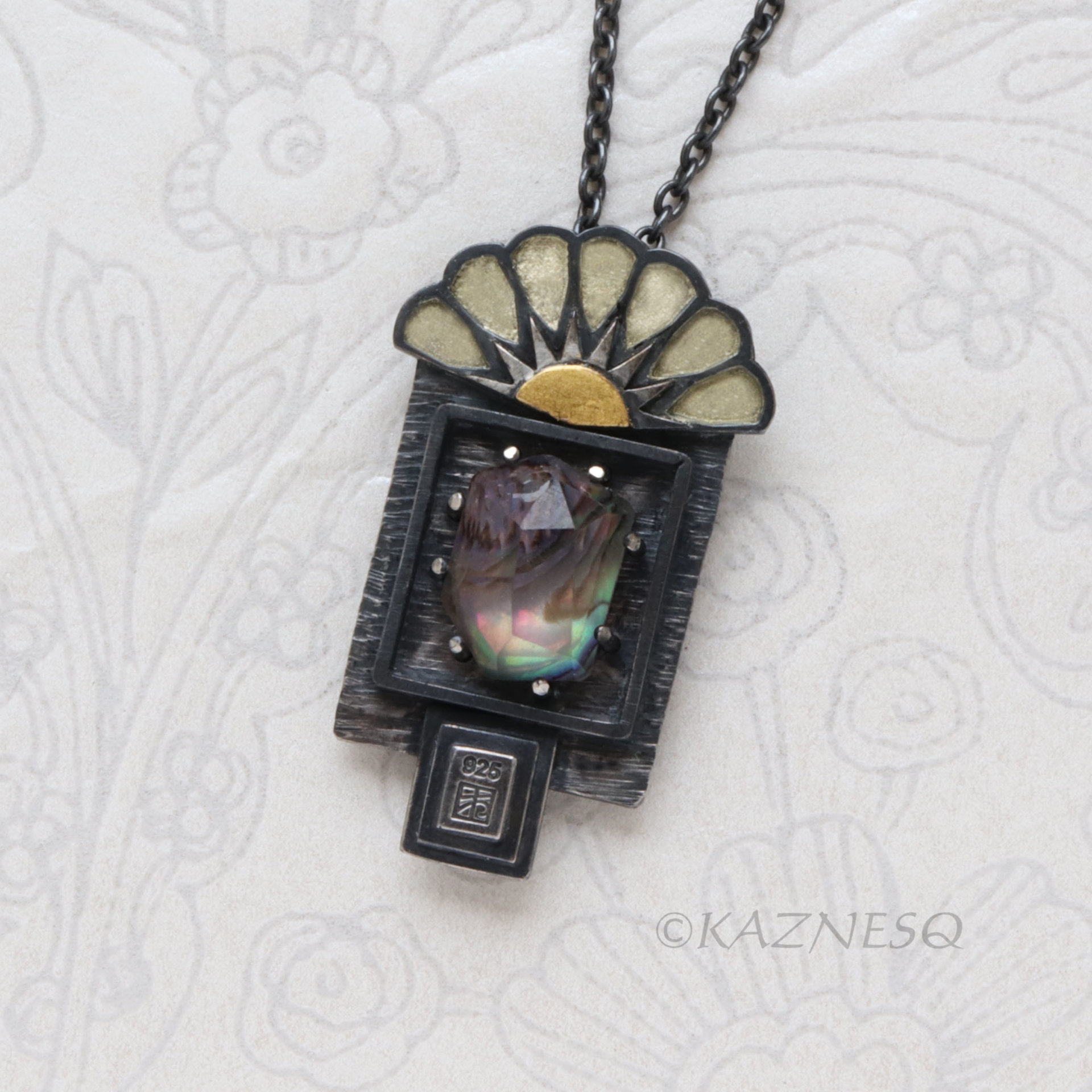 An Art Deco Style Sunrise Kept in a Specimen Box — Iridescent Amethyst and Paua Shell Necklace in Oxidized Silver