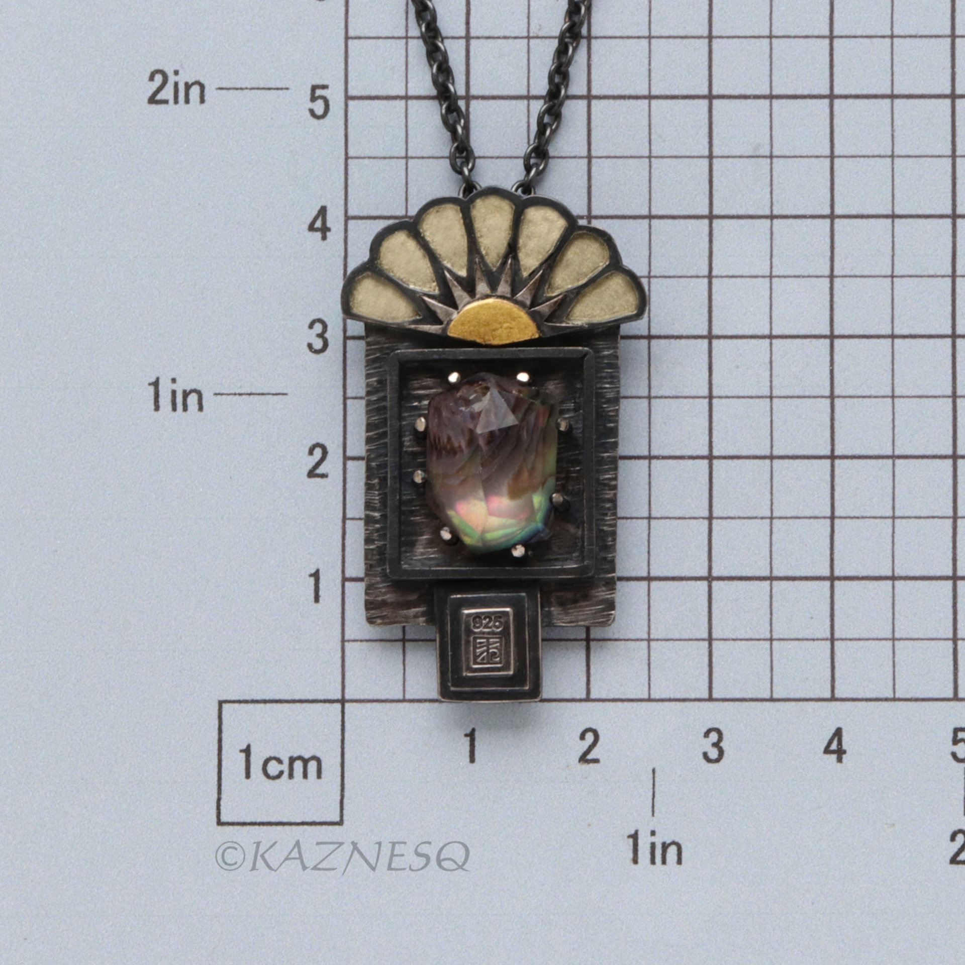 An Art Deco Style Sunrise Kept in a Specimen Box — Iridescent Amethyst and Paua Shell Necklace in Oxidized Silver