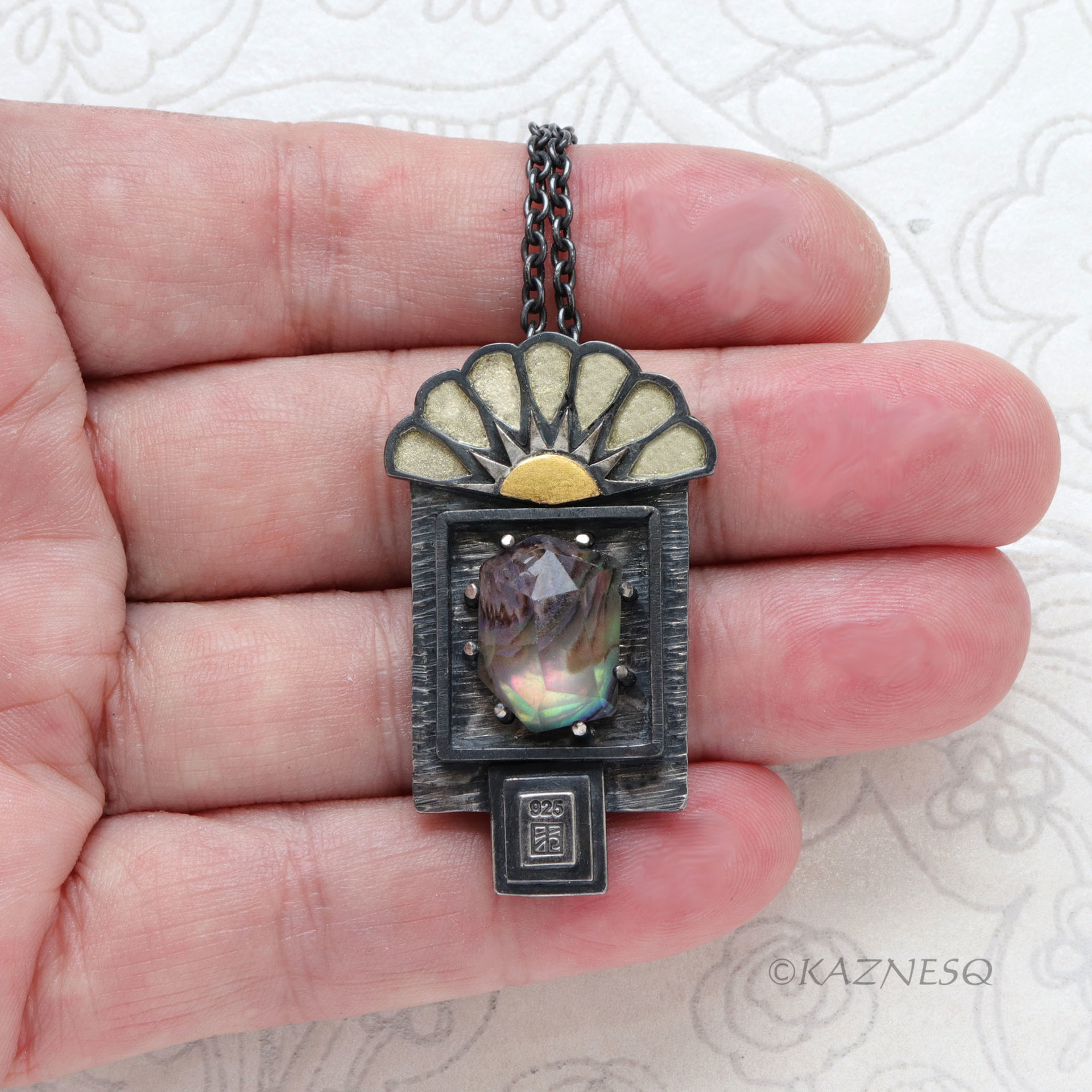 An Art Deco Style Sunrise Kept in a Specimen Box — Iridescent Amethyst and Paua Shell Necklace in Oxidized Silver
