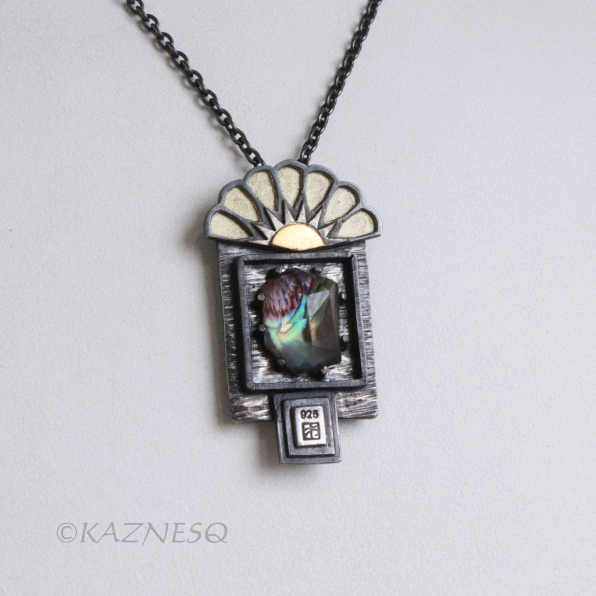 An Art Deco Style Sunrise Kept in a Specimen Box — Iridescent Amethyst and Paua Shell Necklace in Oxidized Silver