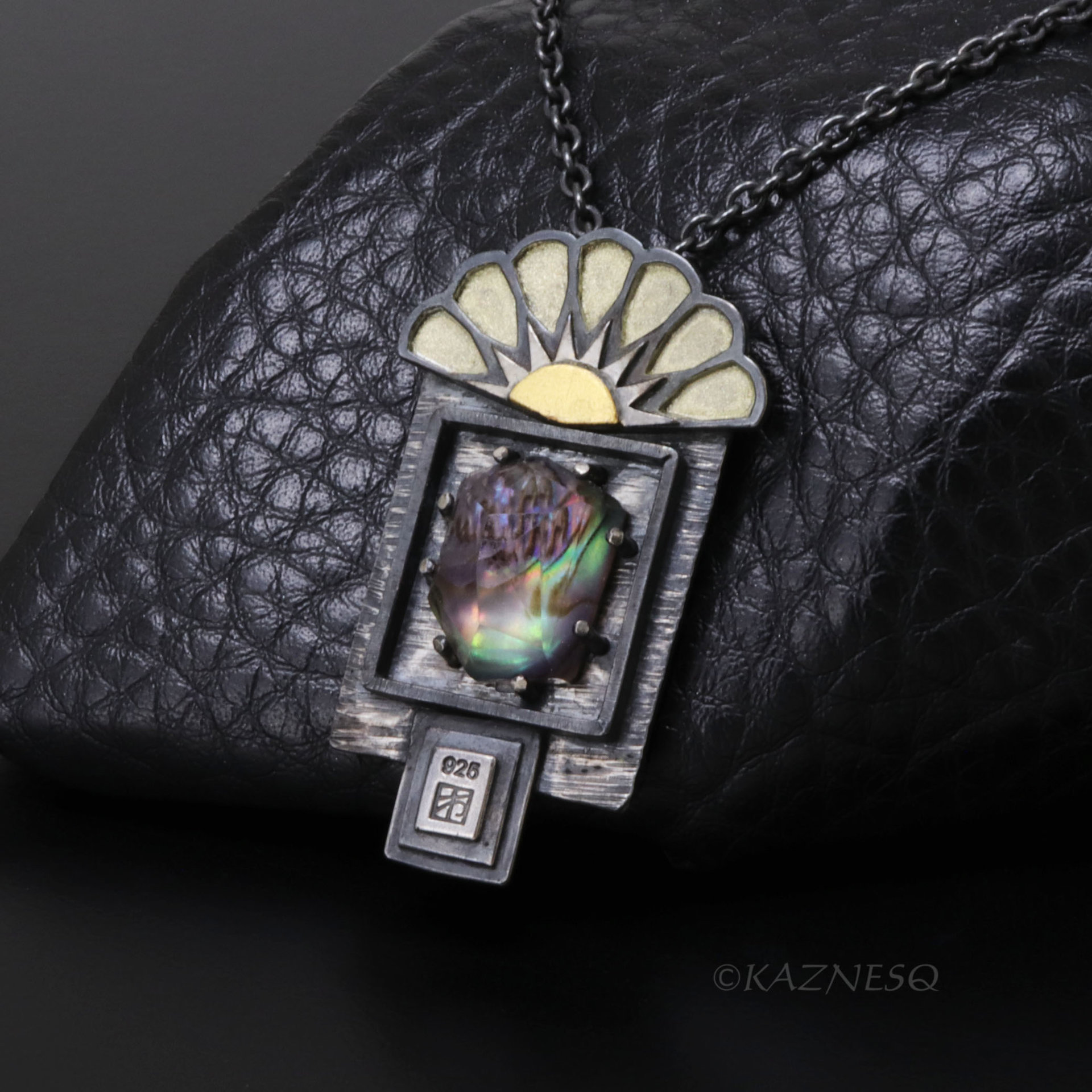 An Art Deco Style Sunrise Kept in a Specimen Box — Iridescent Amethyst and Paua Shell Necklace in Oxidized Silver