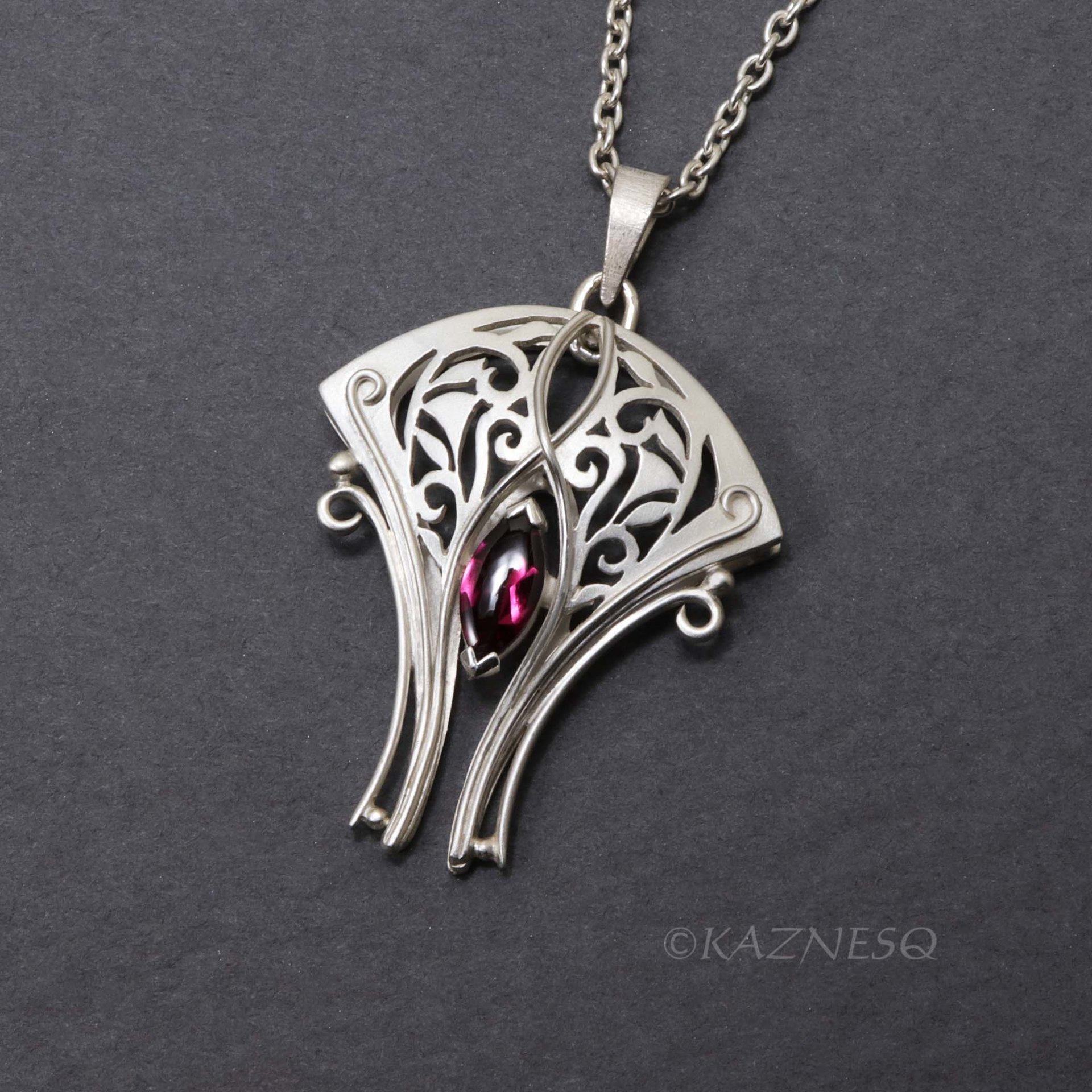 Art Nouveau Rhodolite Garnet Necklace — Handmade Sterling Silver Openwork Necklace