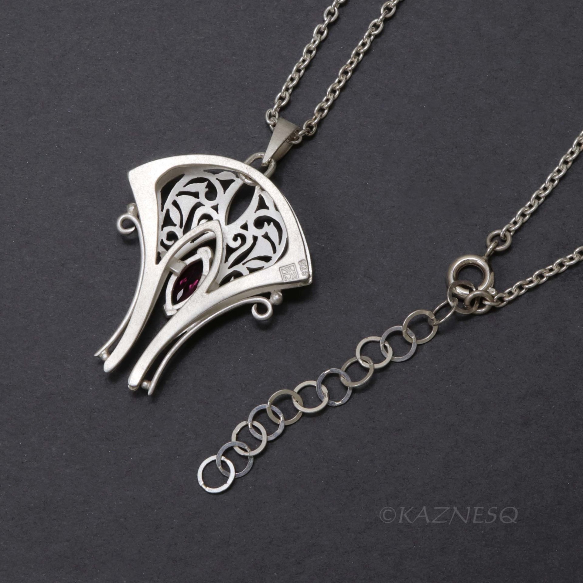 Art Nouveau Rhodolite Garnet Necklace — Handmade Sterling Silver Openwork Necklace