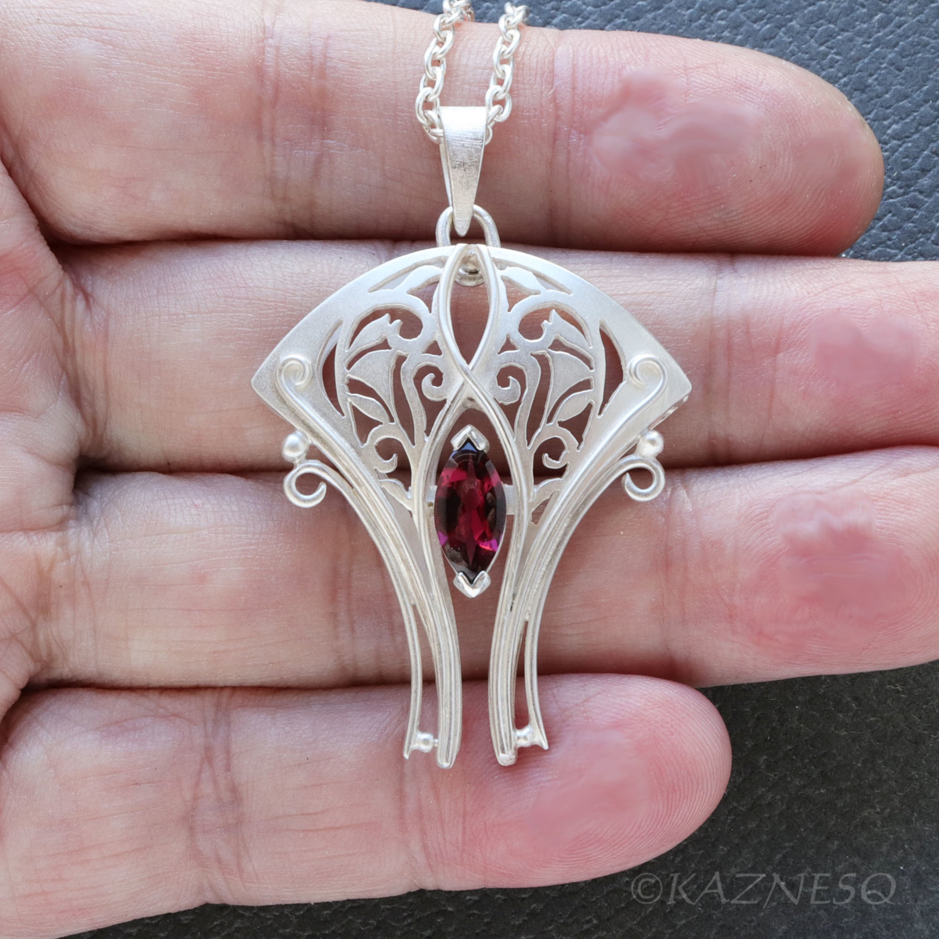 Art Nouveau Rhodolite Garnet Necklace — Handmade Sterling Silver Openwork Necklace