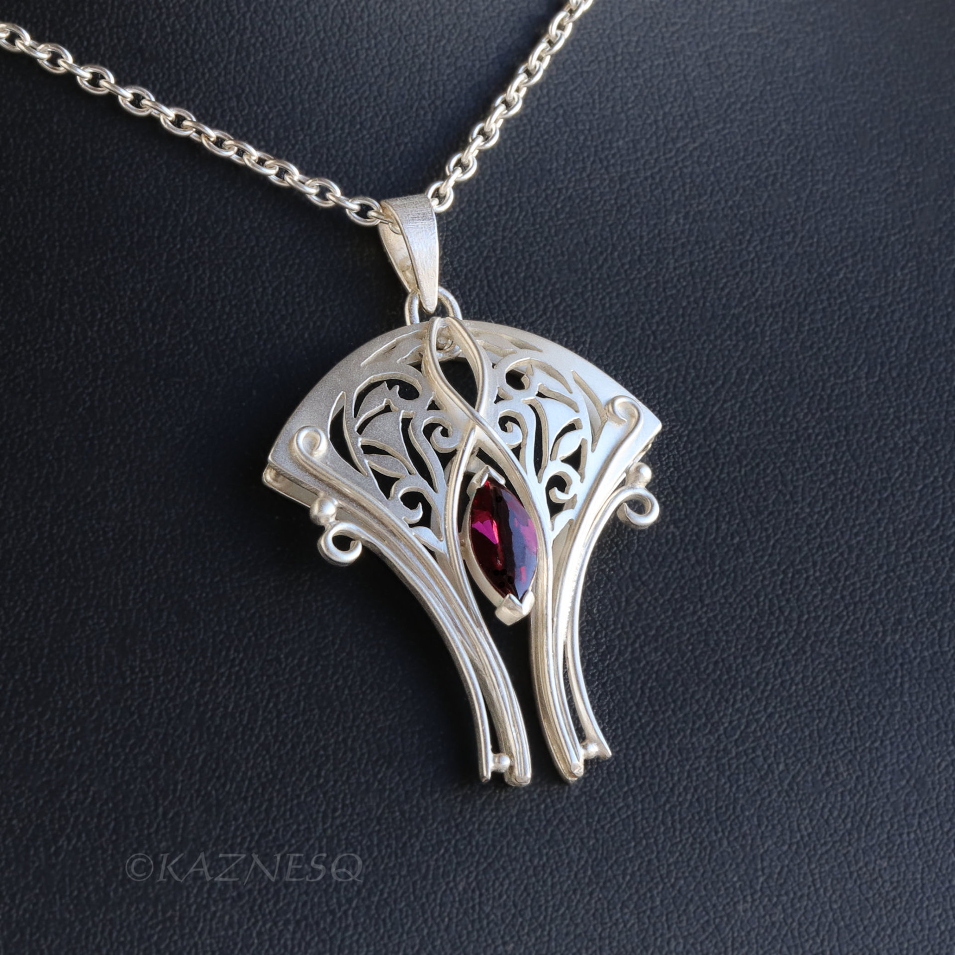 Art Nouveau Rhodolite Garnet Necklace — Handmade Sterling Silver Openwork Necklace