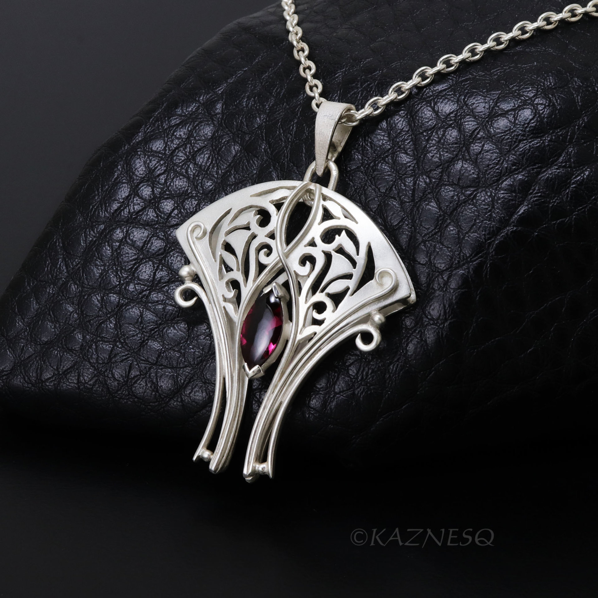 Art Nouveau Rhodolite Garnet Necklace — Handmade Sterling Silver Openwork Necklace