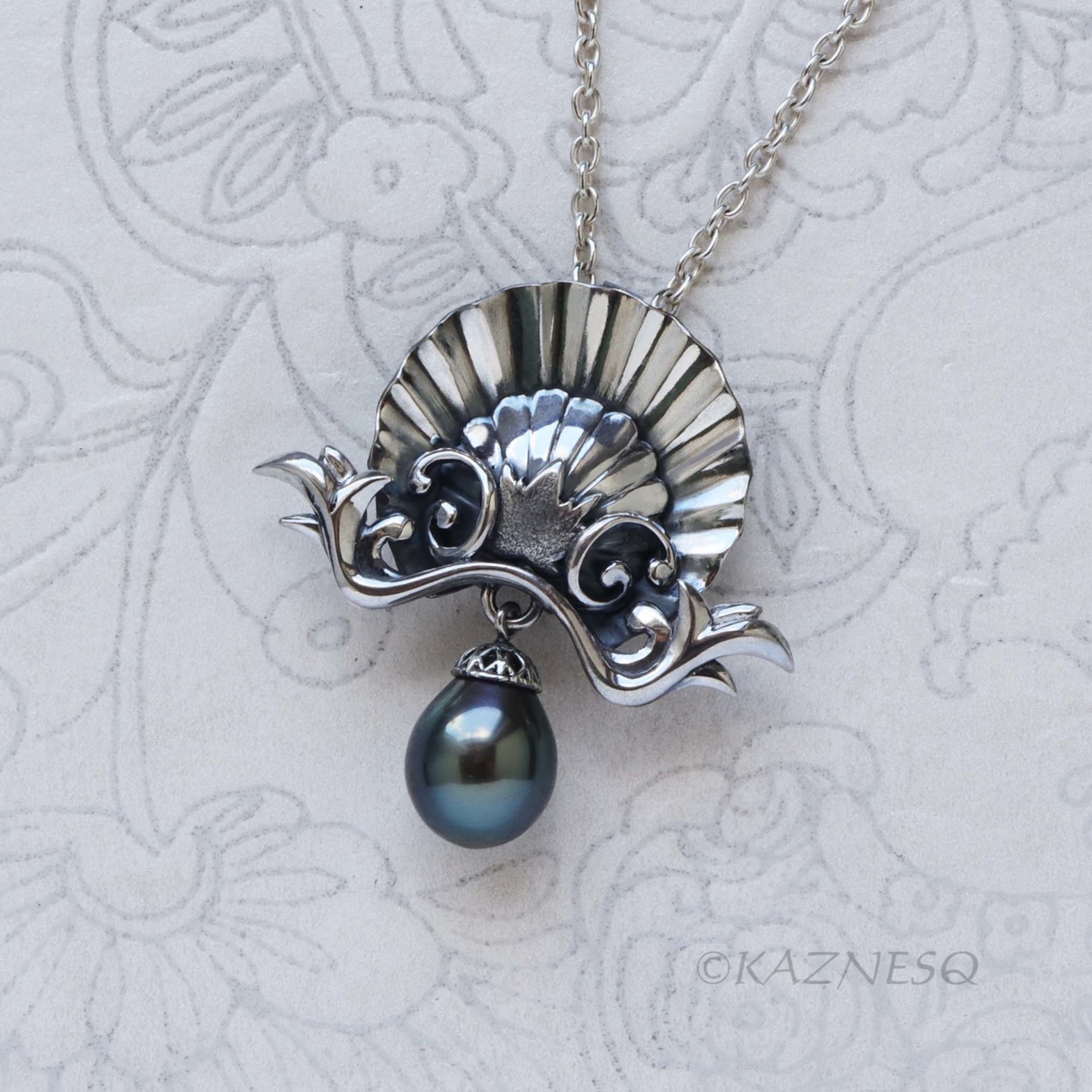 Antique-Style Tahitian Black Pearl Pendant Necklace, Handmade Sterling Silver