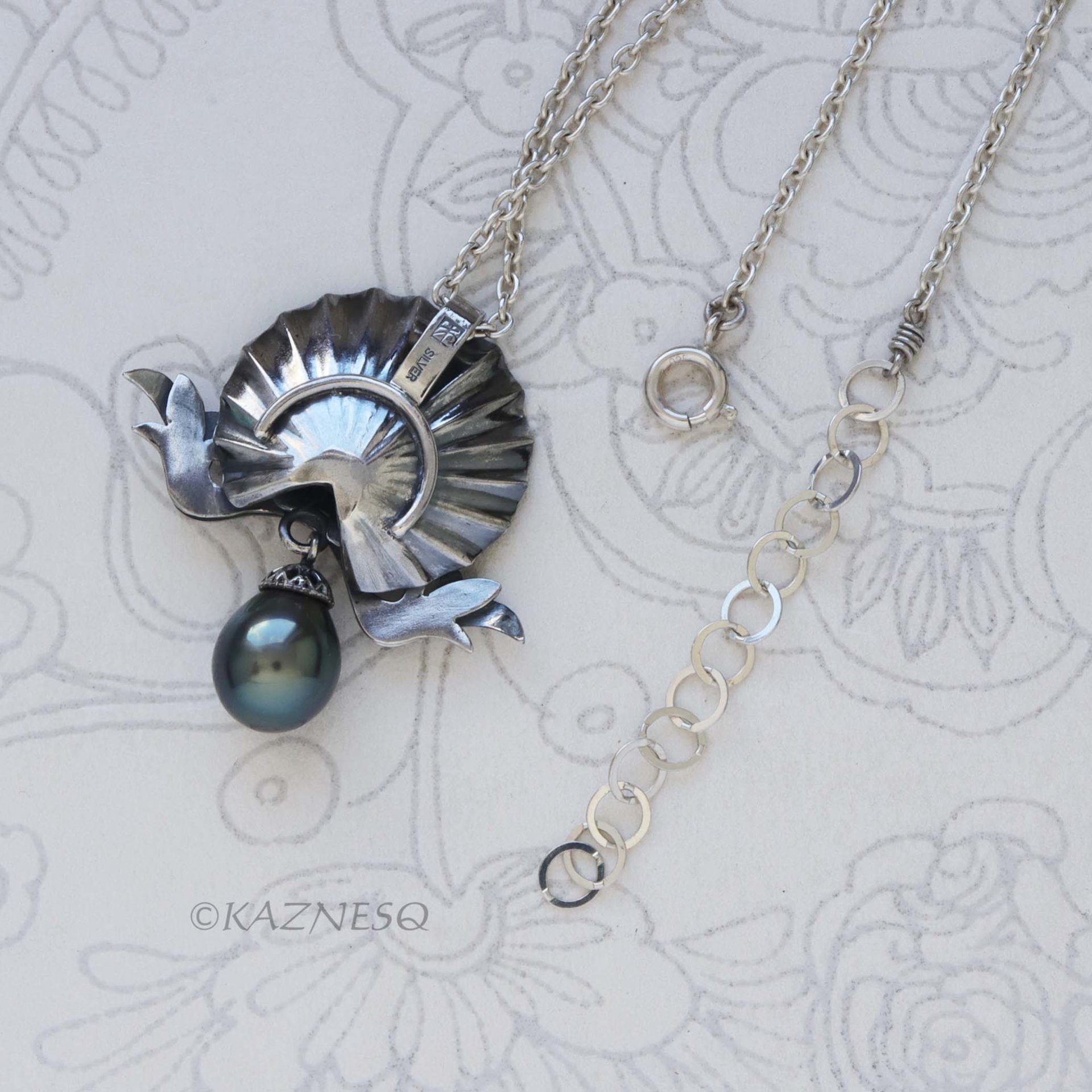 Antique-Style Tahitian Black Pearl Pendant Necklace, Handmade Sterling Silver