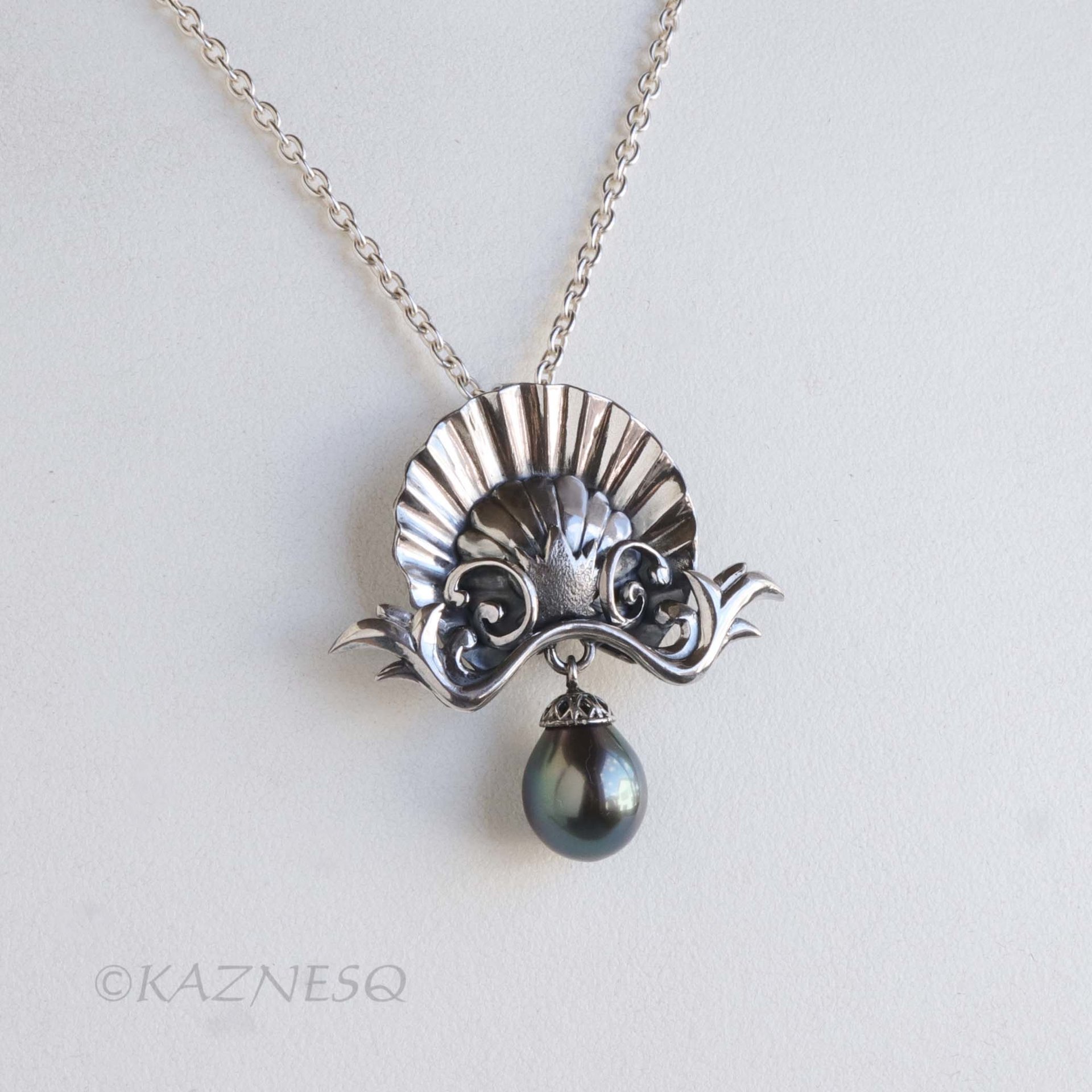 Antique-Style Tahitian Black Pearl Pendant Necklace, Handmade Sterling Silver