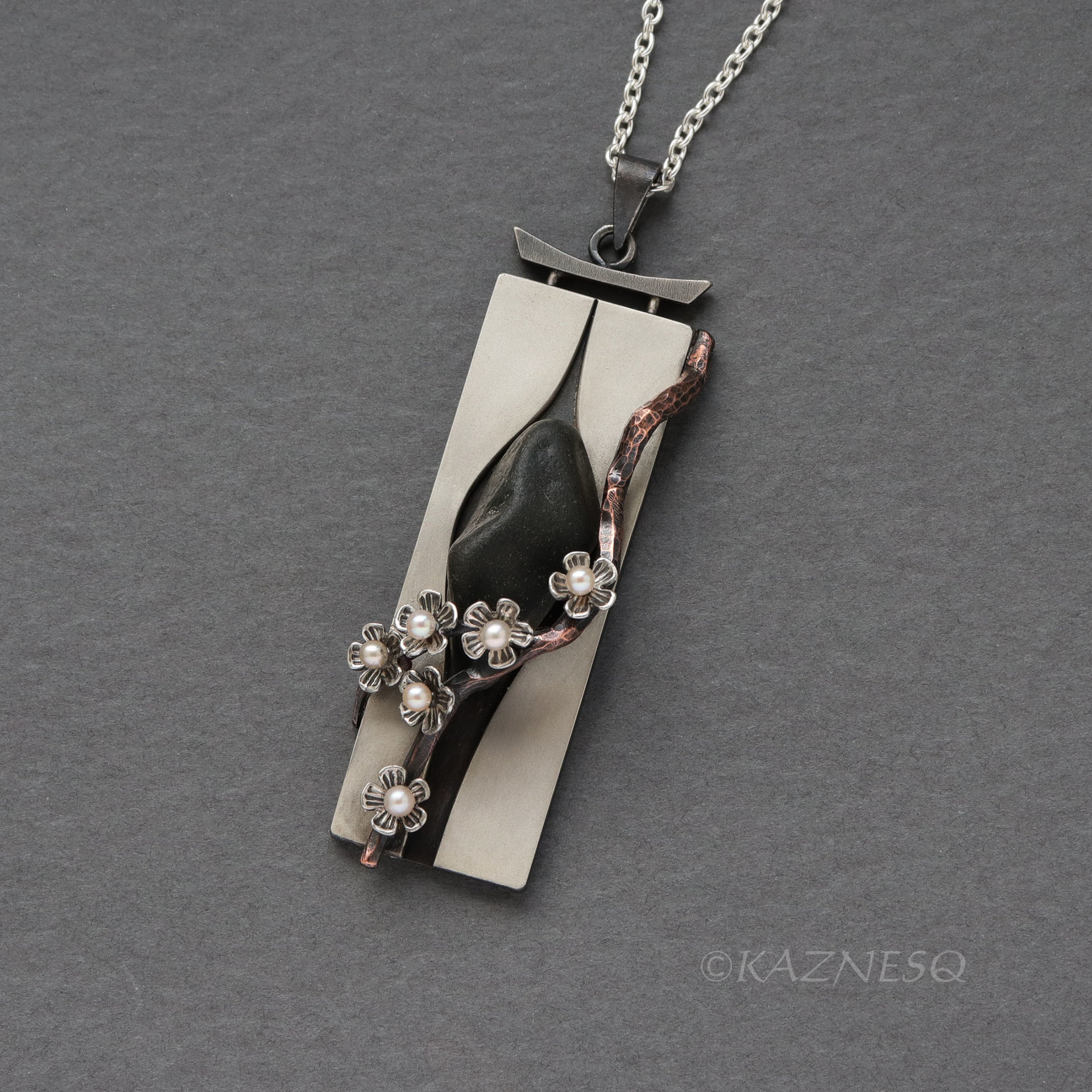 Wearable Sculpture: Plum Blossom Pendant with Real Stone and Akoya Pearls