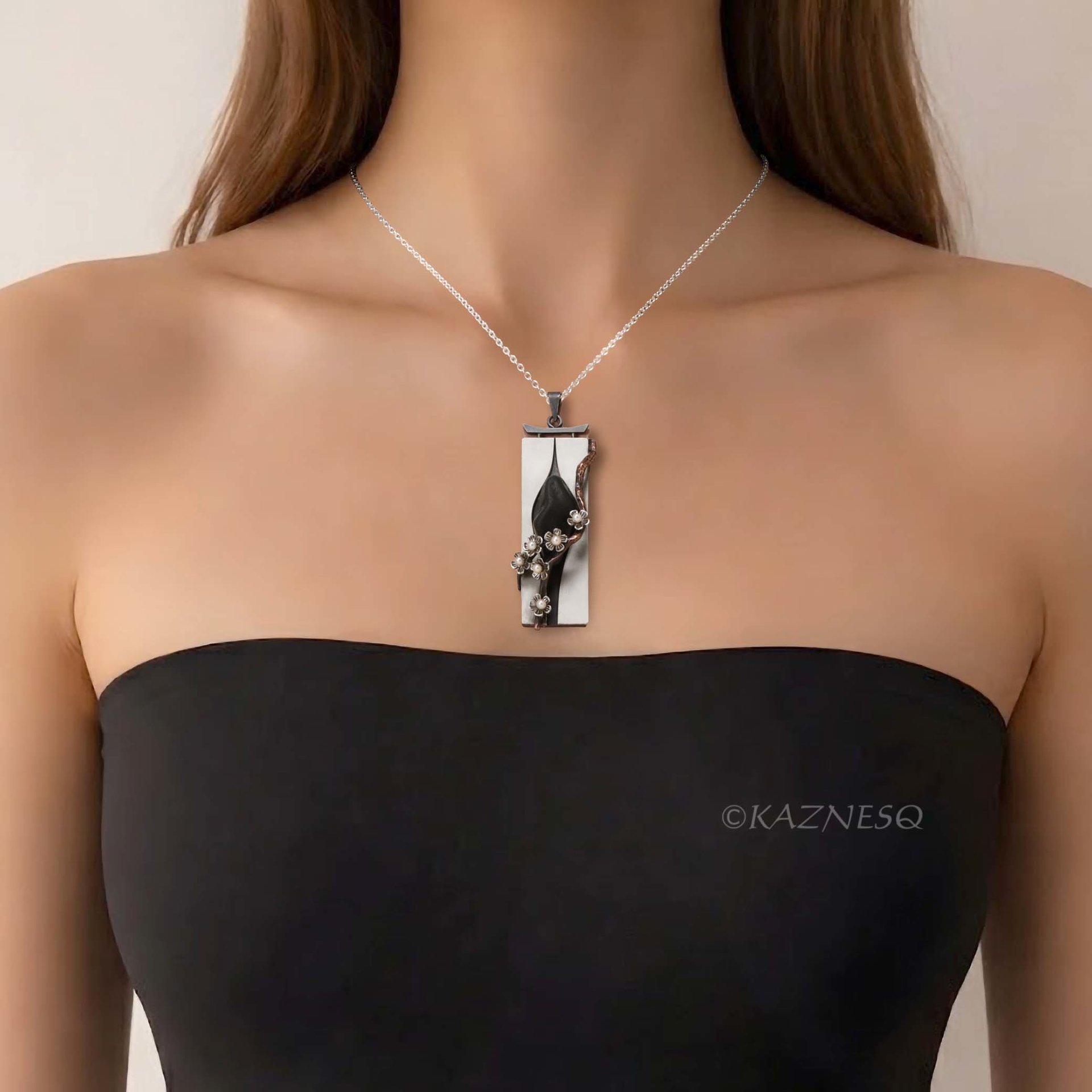 Wearable Sculpture: Plum Blossom Pendant with Real Stone and Akoya Pearls