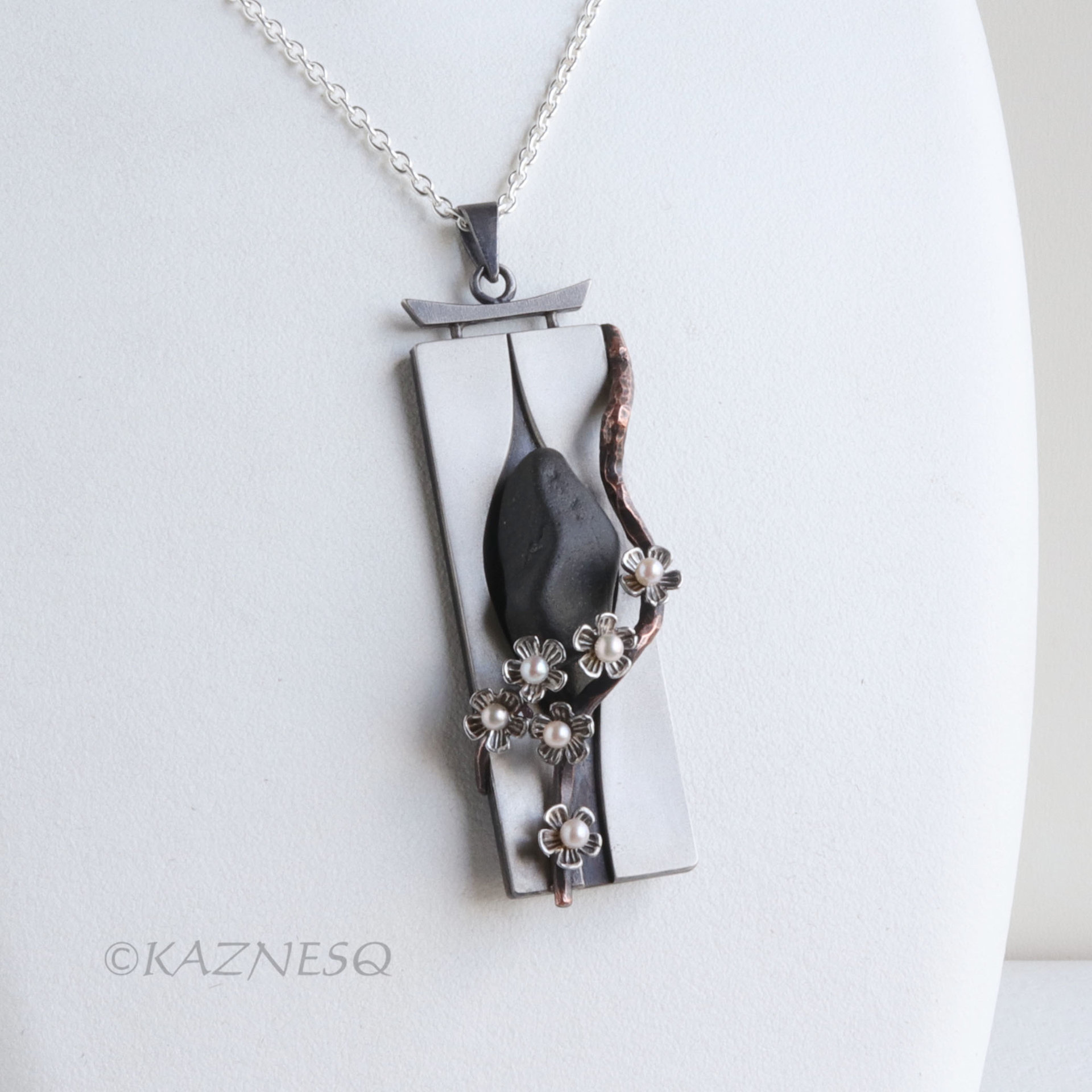 Wearable Sculpture: Plum Blossom Pendant with Real Stone and Akoya Pearls