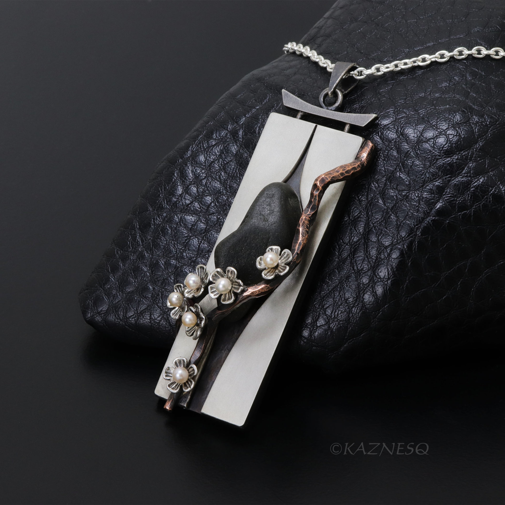 Wearable Sculpture: Plum Blossom Pendant with Real Stone and Akoya Pearls
