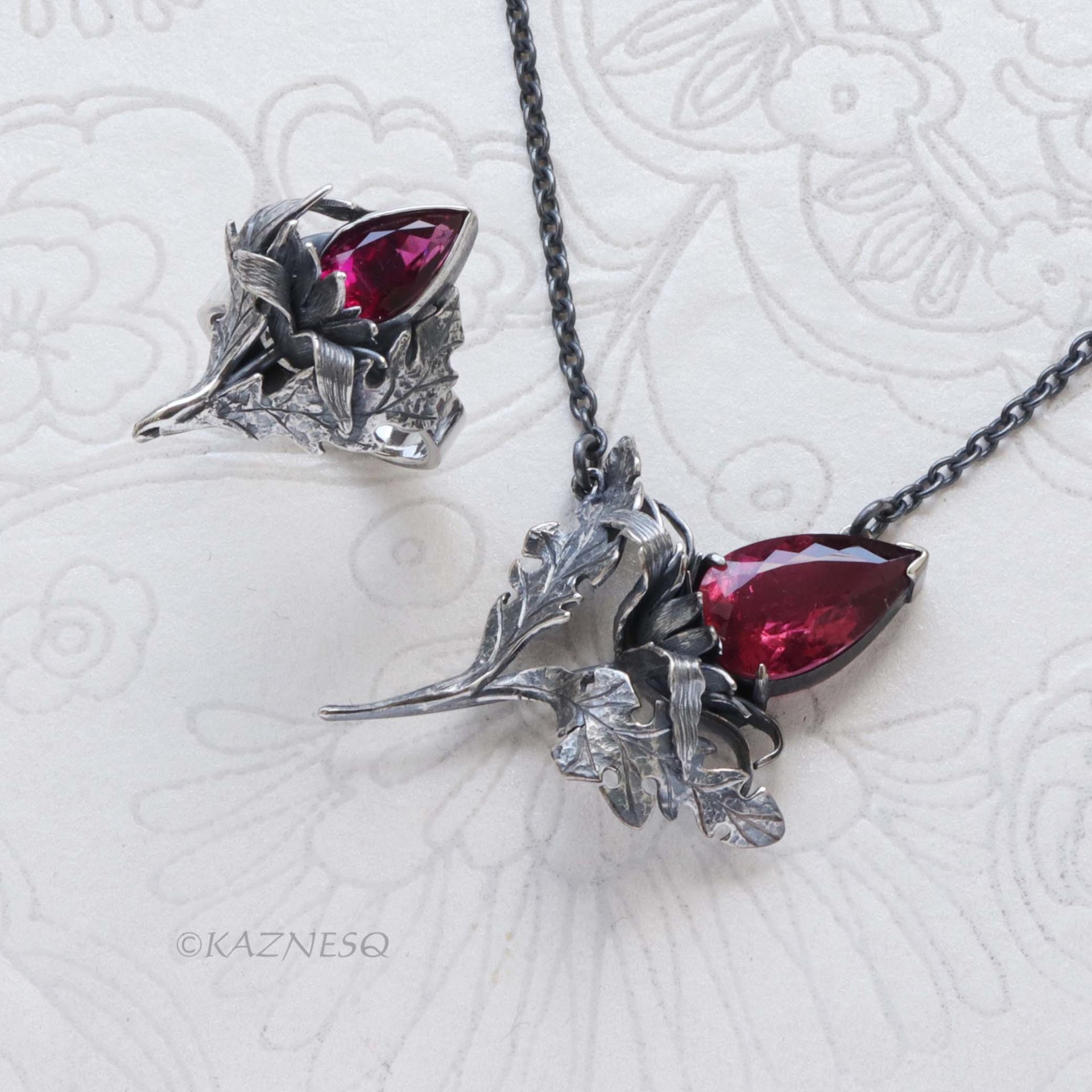 Jewelry That Speaks for You: Handmade Thistle Rubellite Set in Sterling Silver, Gothic Botanical Statement Pieces