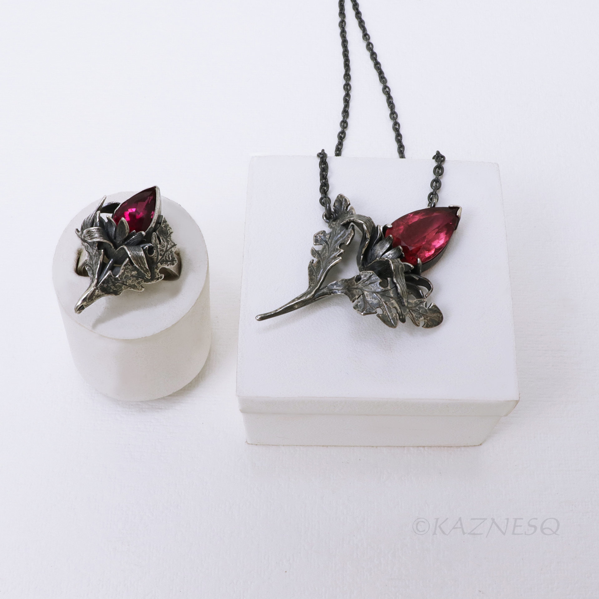 Jewelry That Speaks for You: Handmade Thistle Rubellite Set in Sterling Silver, Gothic Botanical Statement Pieces