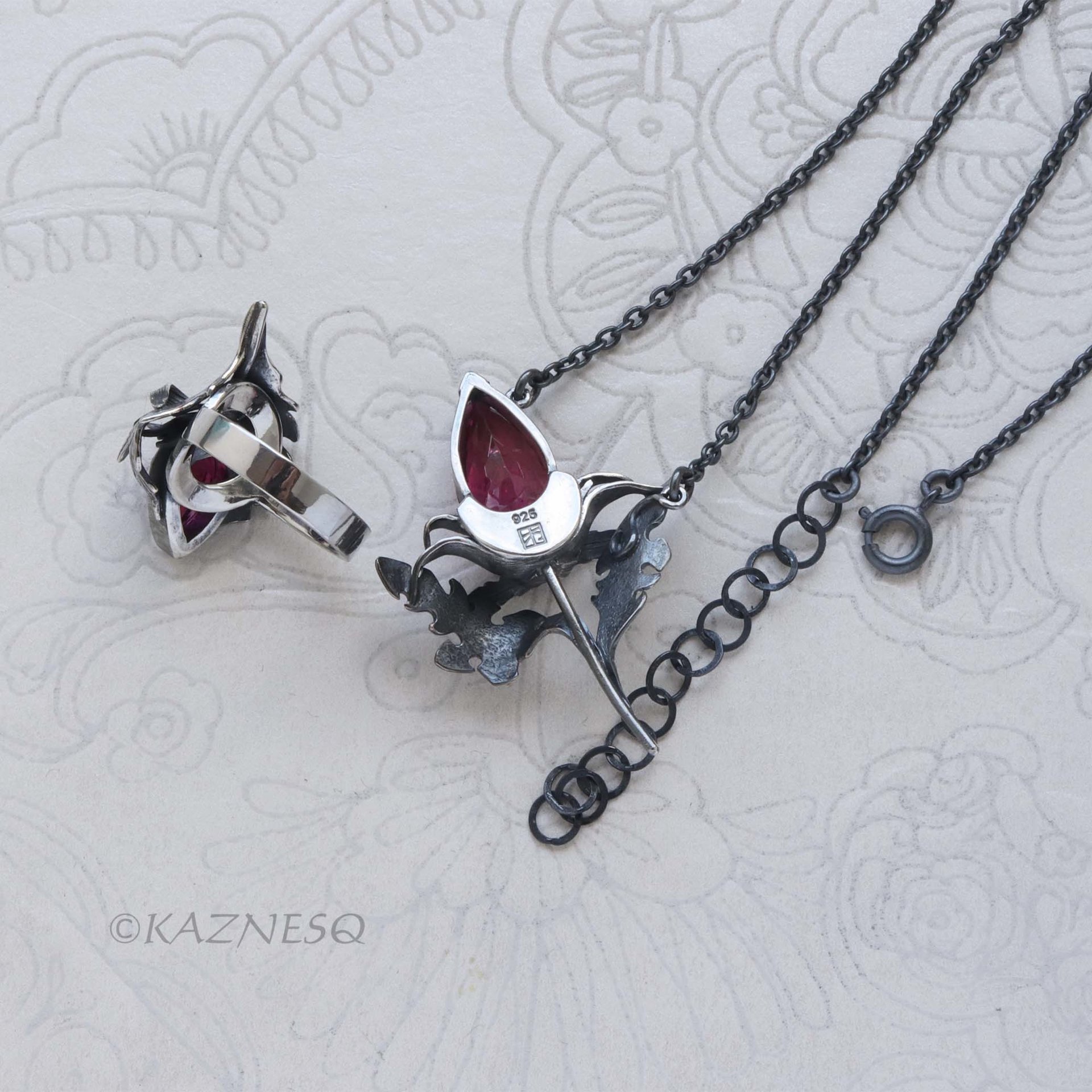 Jewelry That Speaks for You: Handmade Thistle Rubellite Set in Sterling Silver, Gothic Botanical Statement Pieces