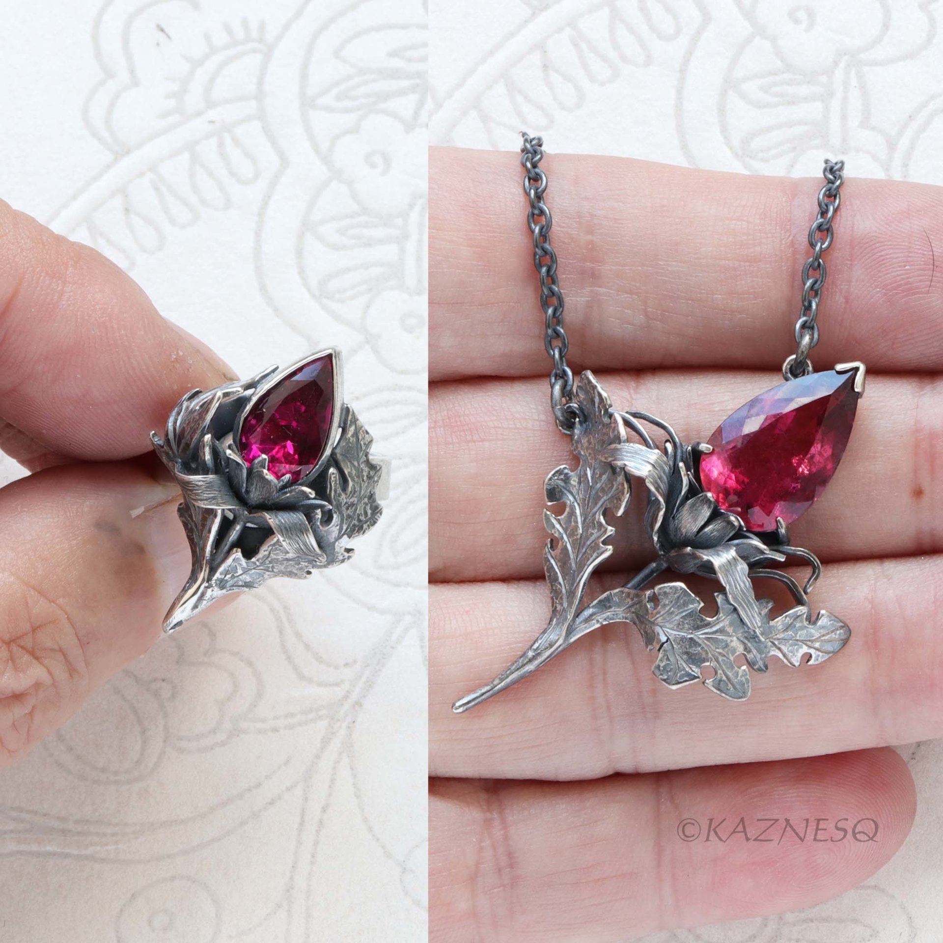 Jewelry That Speaks for You: Handmade Thistle Rubellite Set in Sterling Silver, Gothic Botanical Statement Pieces