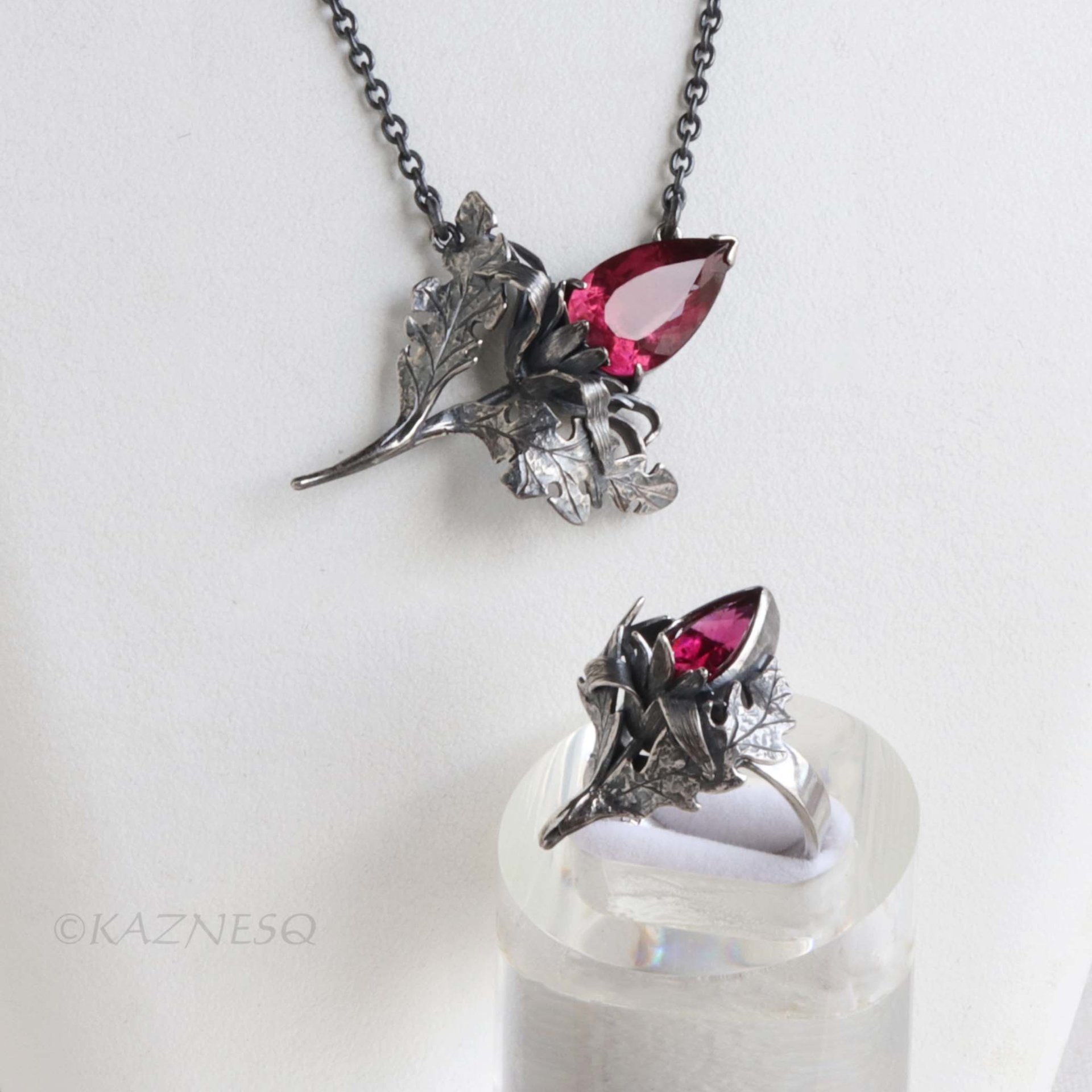 Jewelry That Speaks for You: Handmade Thistle Rubellite Set in Sterling Silver, Gothic Botanical Statement Pieces