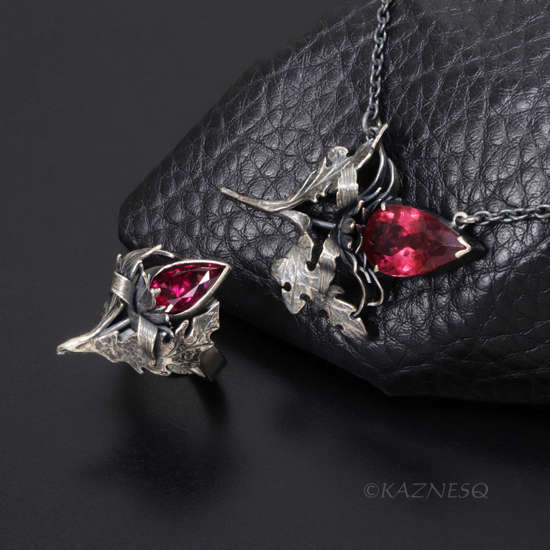 Jewelry That Speaks for You: Handmade Thistle Rubellite Set in Sterling Silver, Gothic Botanical Statement Pieces