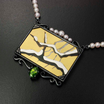 SALE: Gold Keum Boo snowed branches necklace featuring Akoya pearls and a green zircon.