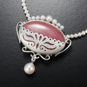 SOLD: Pink stone oval silver pendant with pearls