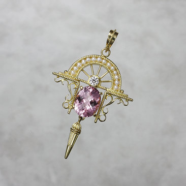 Art Deco style pendant, yellow gold pendant, pink tourmaline,diamond, and pearls