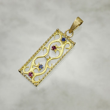 Yellow gold pendant, scrolls openwork pendant, diamond and sapphire pendant, rec