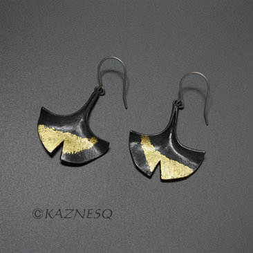 (C) KAZNESQ: Made to Order: Ginkgo leaf earrings of silver with fine gold