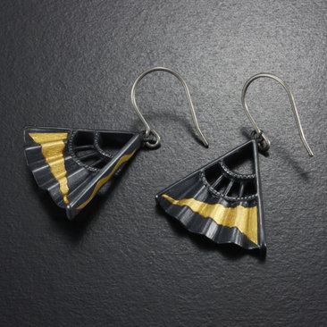 Sold: Japanese earrings, Keum Boo earrings, oxidized silver earrings of fan motif