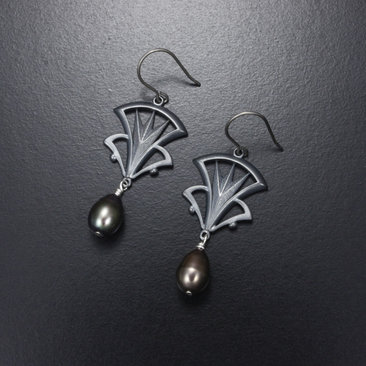 Art Deco earrings, oxidized silver earrings with freshwater pearls