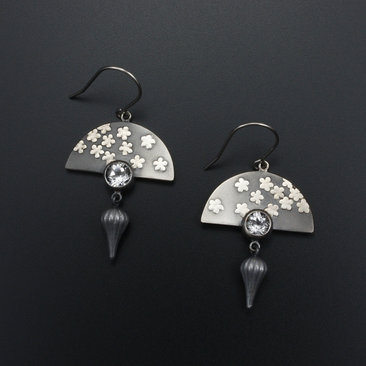 Oxidized silver earrings, Japan earrings, white topaz, Keum Boo Ume blossom fan