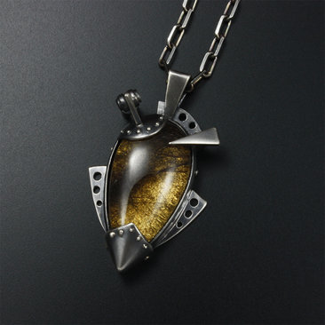 Steampunk pendant, oxidized silver pendant, black rutilated quartz pendant