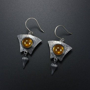 Round citrine cab earrings, oxidized silver earrings
