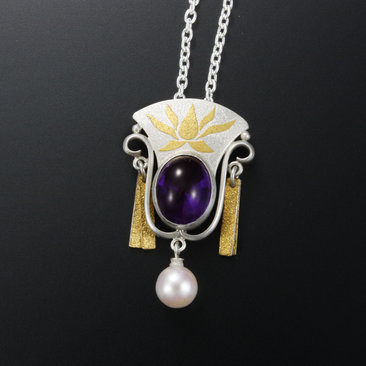 Amethyst silver pendant necklace, Keum Boo pendant necklace, lotus pendant neckl