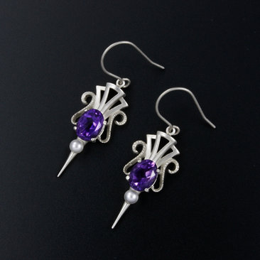 Amethyst earrings, silver earrings, Art Deco style arrow earrings