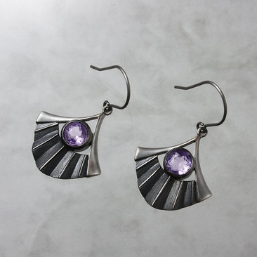 Amethyst earrings, oxidized silver earrings, Japanese fan earrings