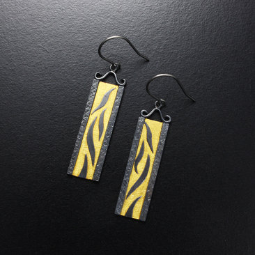 Oxidized silver earrings, Keum Boo earrings, falling willow leaves earrings, Jap